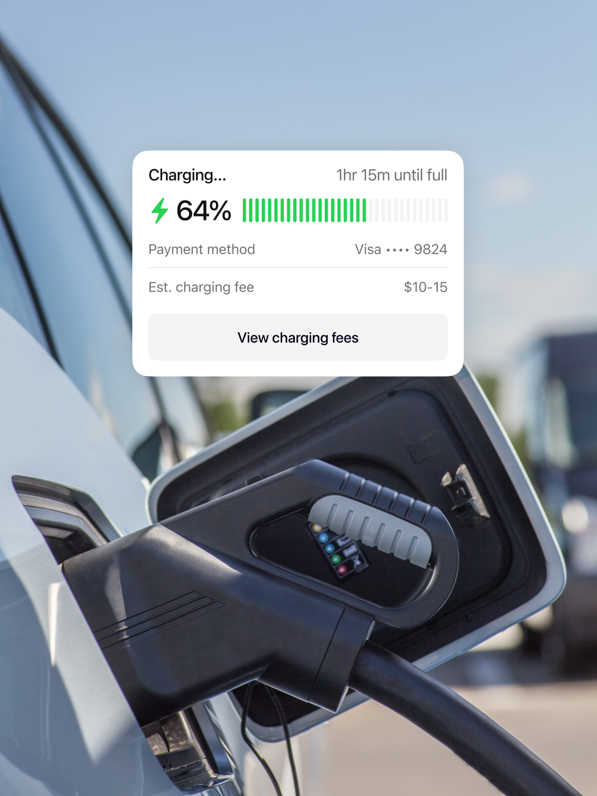 An electric vehicle charging at a station, showing a charging status of 64% with an estimated time of 1 hour 15 minutes until fully charged. Payment details and estimated charging fees are visible on the display.