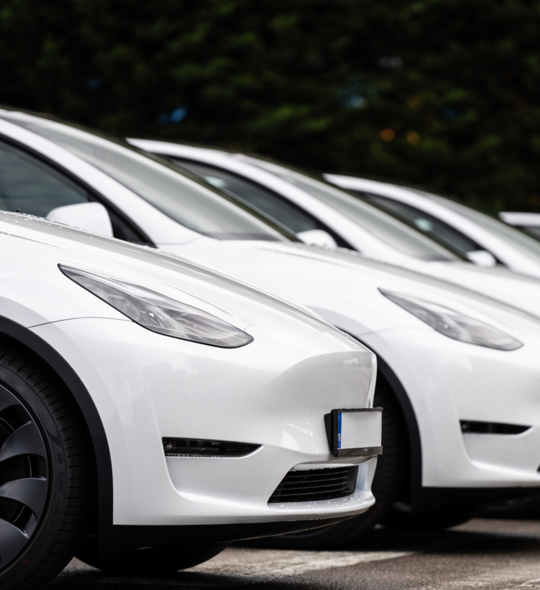 Several white electric cars parked in a row, showcasing their sleek design and modern features. The vehicles are aligned on a paved surface with greenery in the background.